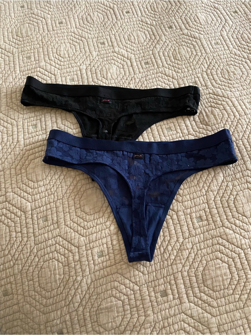 PINK Victoria's Secret Black & Navy Lace Thong Set